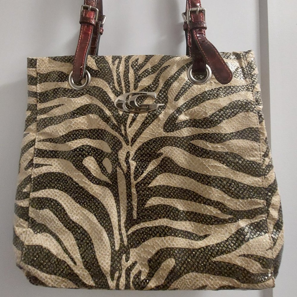 Women's Zebra Print Polyurethane Shimmer Shoulder Bag w/Red Patent Straps